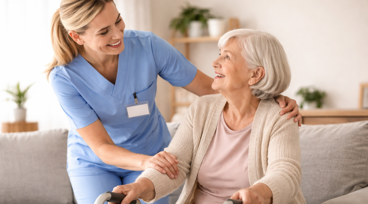 Pflegehelferin gibt Seniorin Hilfestellung