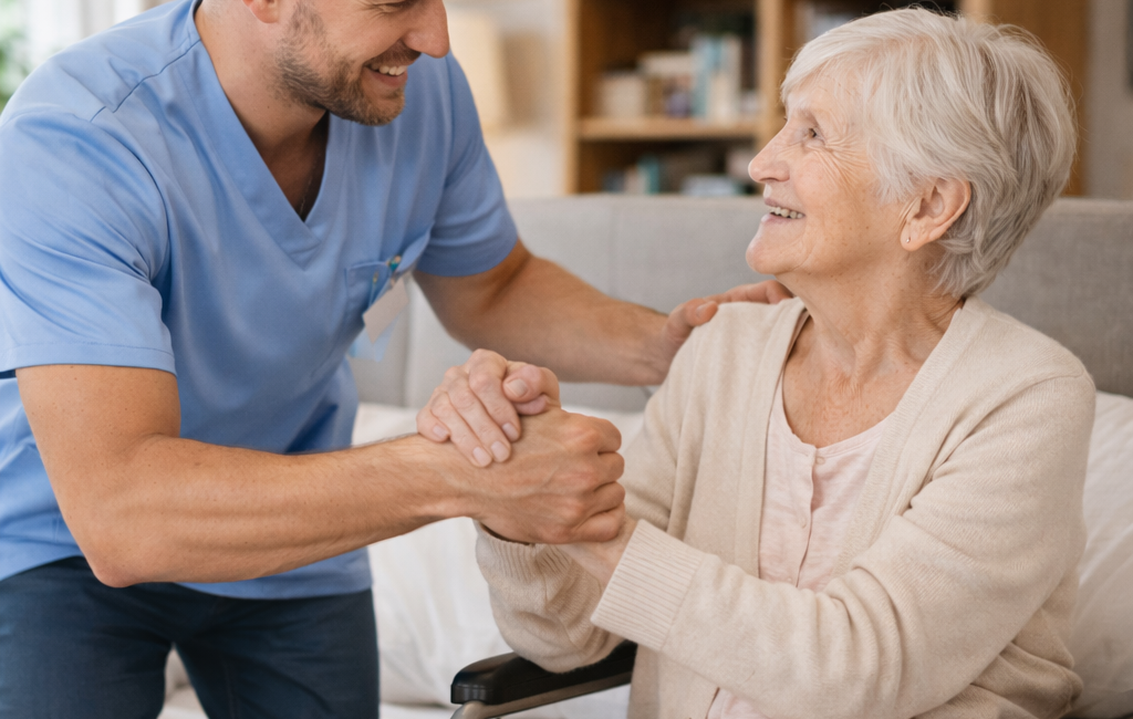 Pflegehelfer gibt Seniorin im Rollstuhl die Hand